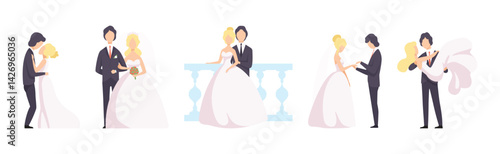 Just Married and Newlyweds Couple of Man and Woman Vector Set