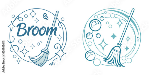 Cleaning Service Logo with Broom and Sparkles – Soft Blue and White Circle Design with Friendly Rounded Font