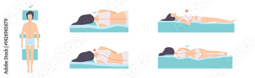 Correct and Incorrect Sleeping Body Posture of Man and Woman Vector Set