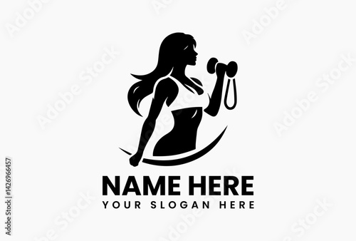 Geometric fitness woman with angular muscles, bold vector logo for strength training and MMA gyms 
