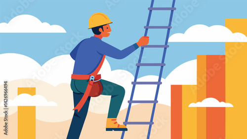 A worker steps back to admire his work carefully attaching a safety harness to himself before climbing up the rungs of a towering scaffolding.. Vector illustration
