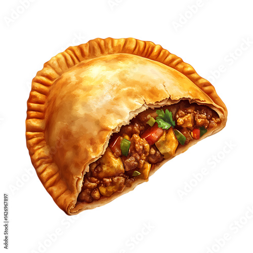 Partially Opened Empanada with Savory Filling Against Transparent Background
