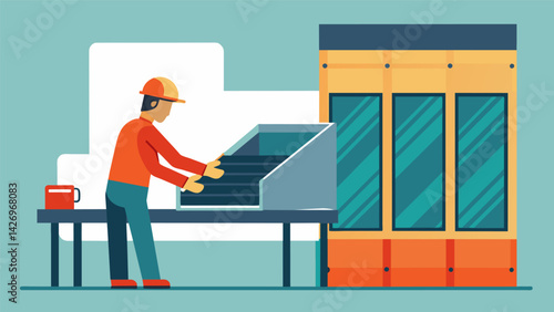 A worker using specialized machinery to precisely and shape prefabricated metal panels which will later be attached to a buildings exterior.. Vector illustration