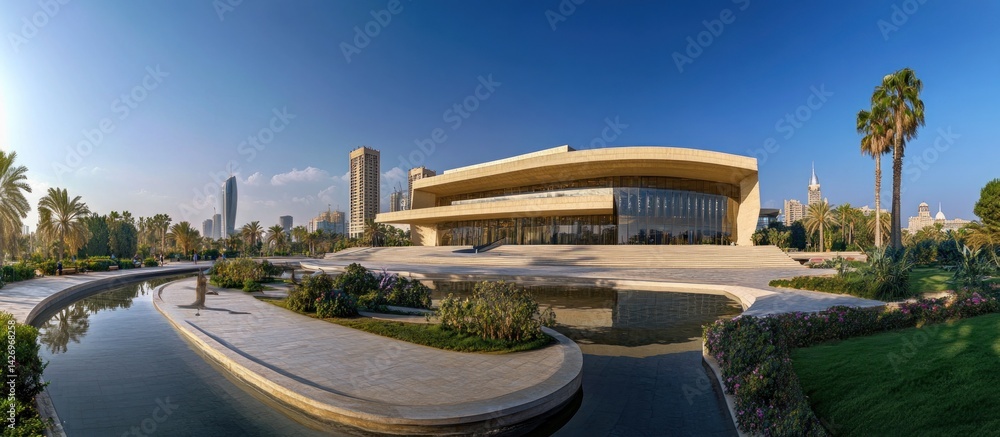 Fototapeta premium Modern architectural building nestled within a landscaped park