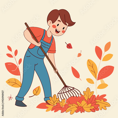 Cartoon boy raking autumn leaves vector illustration for seasonal cleanup and yard work design