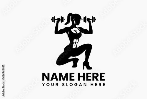 Geometric fitness woman with angular muscles, bold vector logo for strength training and MMA gyms 
