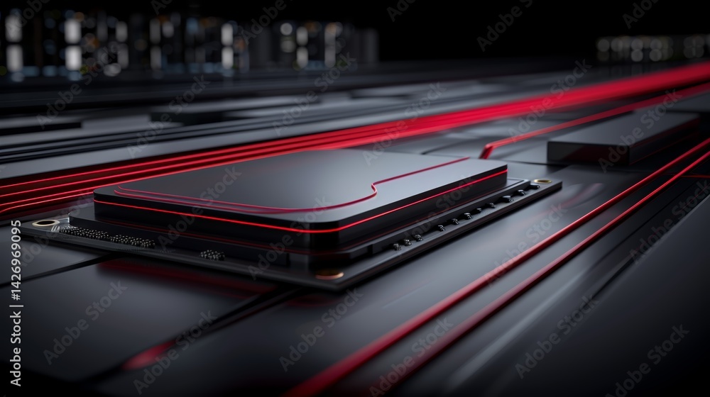 Light trails flow around a central processing unit emphasizing speed and innovation in technology, creating a dynamic abstract composition with open space