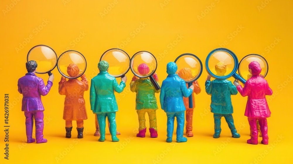 Obraz premium Colorful figures lined with magnifying glasses symbolize selection or recruitment.