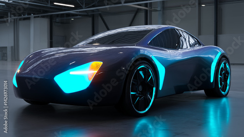 Futuristic Electric Car with Blue Neon Lights in Showroom