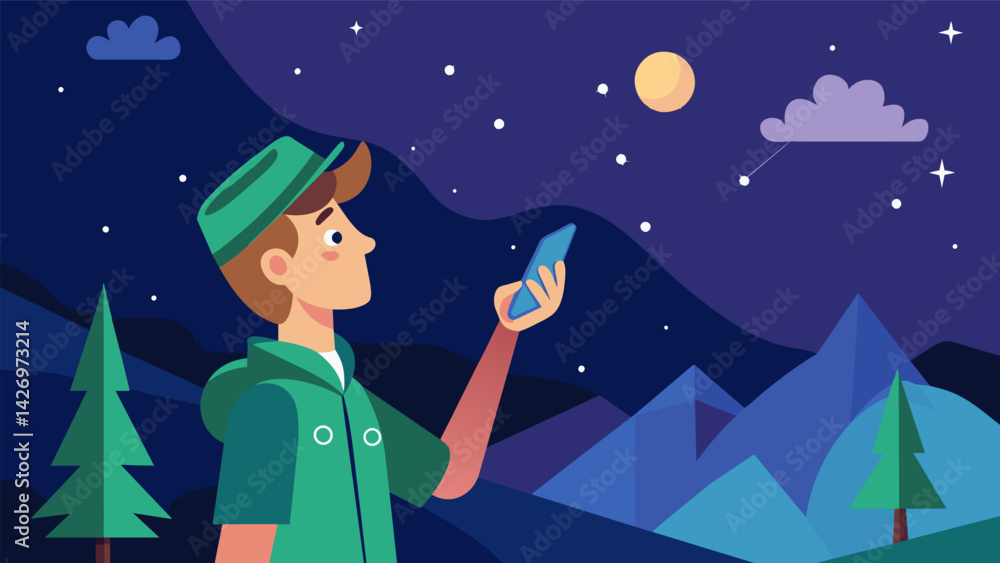 Naklejka premium A scout looks up at the stars identifying constellations with the help of a stargazing app on their phone.. Vector illustration