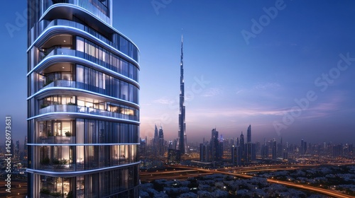 Modern high-rise architectural design, luxurious apartments, panoramic city views