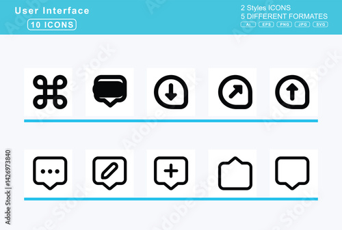 Set of 5 rounded user interface icons,coins, colon, sign, columns, comet, command