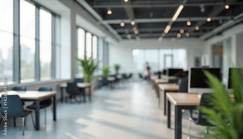 Modern office interior design with blurred background. Spacious workspace featuring desks chairs, computers. Minimalist design with clean lines creates corporate atmosphere. Bright lighting Modern office interior design with blurred background. Spacious workspace featuring desks chairs, computers. Minimalist design with clean lines creates corporate atmosphere. Bright lighting