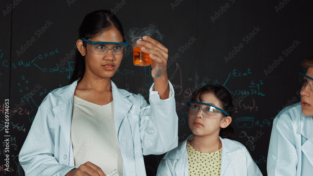 Smart girl pour colored solution in to beaker while diverse student excited about doing experiment. Professional scientist prepare for doing experiment at blackboard with chemical theory. Edification.