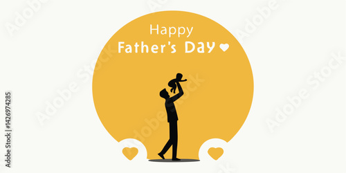 Happy Father's Day Celebration Vector with Father and Child Silhouette Holding Baby under Orange Sun Background