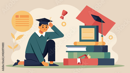 A graduate struggling to find a job to pay off their mounting student loan debt while their degree hangs on the wall as a constant reminder.. Vector illustration
