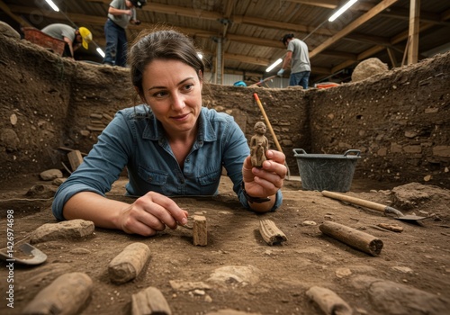 Woman archaeologist unearthing artifact at excavation site, close-up view. Historical and cultural research, ancient history, and scientific discovery concept.