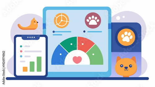 A diet management dashboard that displays your pets daily calorie intake along with suggested meal adjustments based on their current weight and. Vector illustration