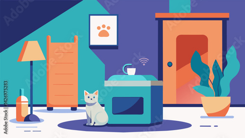 A clutterfree home with a smart litter box discreetly tucked away in a corner leaving no trace of the everpresent cat scent that usually accompanies. Vector illustration