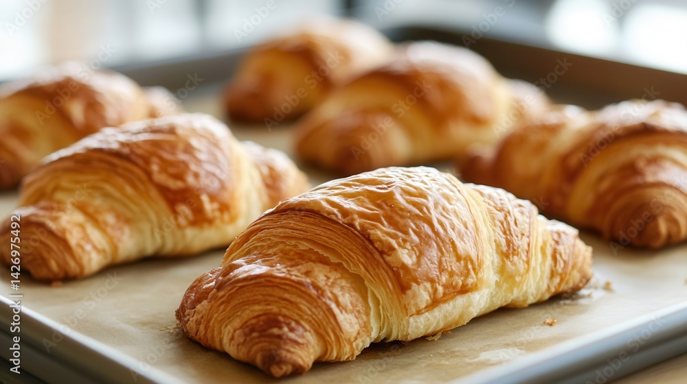 Golden, freshly baked croissants arranged on an oven tray. Golden, freshly baked croissants arranged on an oven tray.