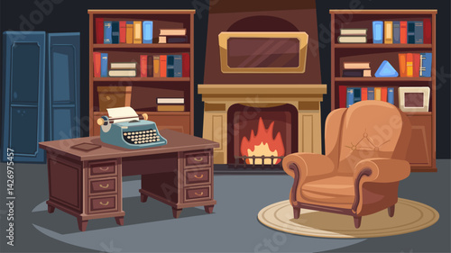 A warm and inviting illustration of a home office featuring a vintage typewriter, a cozy armchair, bookshelves filled with books, and a fireplace that adds a relaxing ambiance.