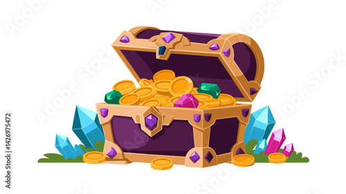 A vibrant illustration of an open treasure chest overflowing with gold coins and sparkling gems, set against a whimsical landscape of colorful crystals and grassy accents.