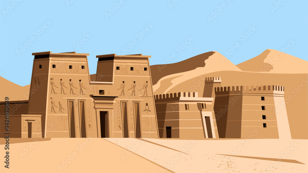 This vector image features stylized ancient Egyptian temples and fortresses set against a bright blue sky and desert dunes. Perfect for historical or travel themes. This vector image features stylized ancient Egyptian temples and fortresses set against a bright blue sky and desert dunes. Perfect for historical or travel themes.