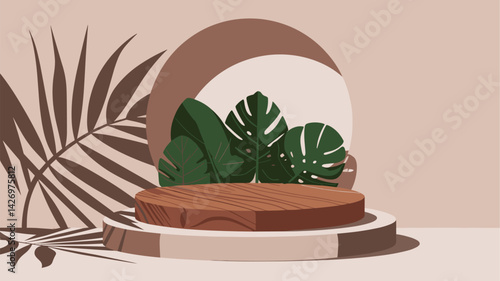 A modern, minimalist design featuring a wooden display platform surrounded by tropical leaves and soft neutral backgrounds. Perfect for showcasing products.