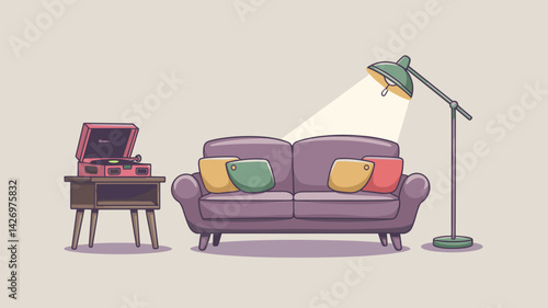 A charming vector illustration of a cozy living room featuring a comfortable sofa with colorful pillows, a vintage record player, and a stylish floor lamp, perfect for home decor themes.