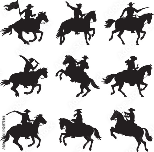 A set of black cowboy silhouettes riding horses in different dynamic poses, holding flags on white background
