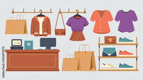 A vibrant vector illustration depicting a retail shop interior featuring various clothing items, accessories, and a checkout counter. Ideal for fashion and retail-themed projects.