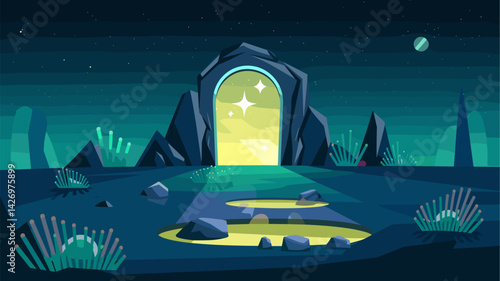 Discover a captivating mystical landscape featuring an enchanting portal framed by rocks, illuminated by starlight. Lush greenery adds a vibrant touch to this serene scene.