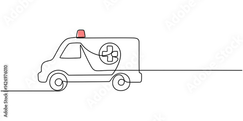 Ambulance vehicle in continuous line art drawing style. Emergency ambulance van with Red Cross symbol black linear, Ambulance car continuous one line drawing. Ambulance van single line art.