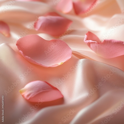 Delicate pink rose petals scattered on soft satin fabric create an elegant and serene ambiance.