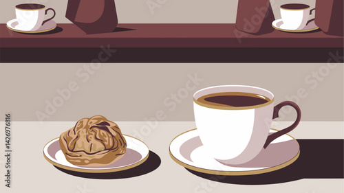 A warm and inviting café illustration showcasing a cup of black coffee next to a delectable pastry on a plate, with a minimalist background.