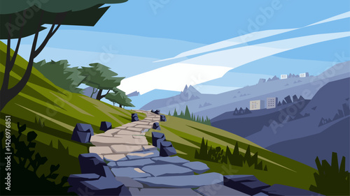 A vibrant vector illustration of a winding stone pathway through lush green hills, with distant mountains and a serene sky. Ideal for nature-themed designs.