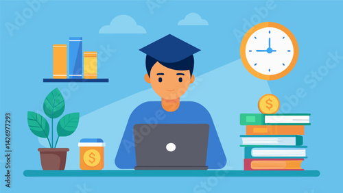 A college student works extra hours at their job to try and save money knowing their parents wont be able to contribute to tuition.. Vector illustration
