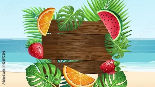Signboard on the beach with tropical nature and fruits. Summer vibe with ocean, sea, sand and sun. Wood board for information in hot sunshiny place