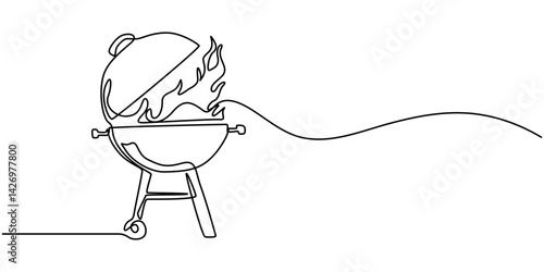 Set of continuous one line BBQ grill elements. Vintage BBQ grill elements isolated on a white background. Vector illustration, Bbq grill simple outline vector design. Continuous one line drawing.