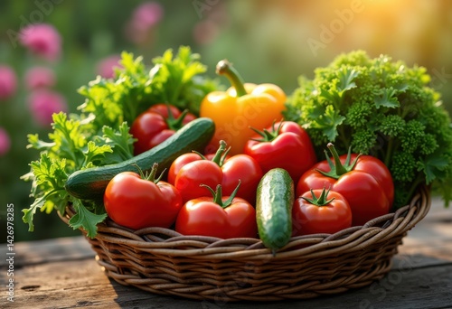 vibrant fresh vegetables displayed woven basket harvest bounty nutrition organic garden produce, berry, pepper, gourd, zucchini, leaf, carrot, tomato