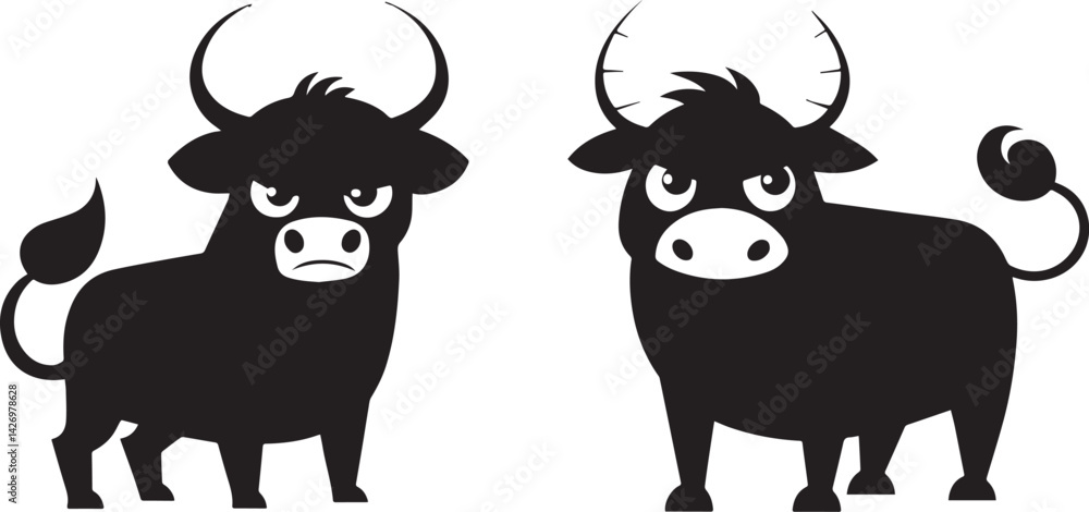 Obraz premium Cute Angry Bull Cartoon Vector. Horned Ox Mascot Animal Clipart for Kids and Logos.