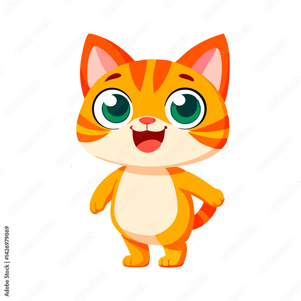 Fototapeta premium 2D character, cute red kitten with green eyes smiling, on transparent background