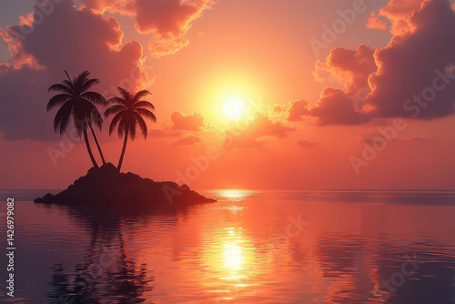 Stunning Abstract Sunset Over Island: Rainbow Gradient Sky, Glowing Sun, Still Water, Elegant Palm Trees