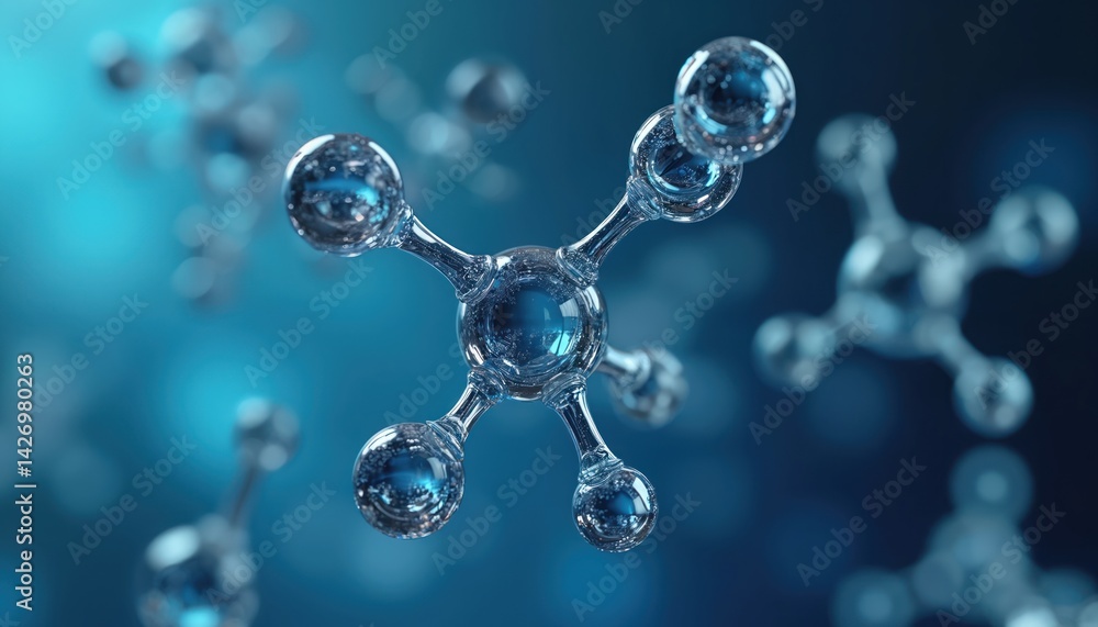 Illustration features 3d molecules on blue background. Molecular structure of liquid collagen, cosmetic product. Science tech, beauty, pharmaceutical, health, medical, skincare innovation in Illustration features 3d molecules on blue background. Molecular structure of liquid collagen, cosmetic product. Science tech, beauty, pharmaceutical, health, medical, skincare innovation in