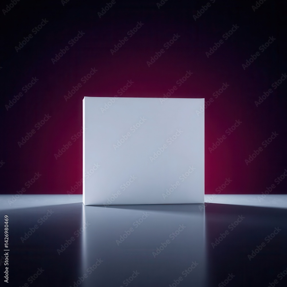 Obraz premium Minimalist white square on reflective surface against a contrasting plum background. Simple yet elegant.