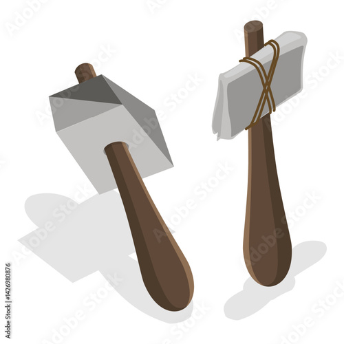 3D Isometric Flat Vector Set of Stone Age Tools, Prehistoric Weapons. Item 1