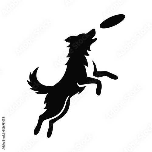 Jumping Dog with Flying Disc Silhouette, Playful Dog Silhouette Catching Disc