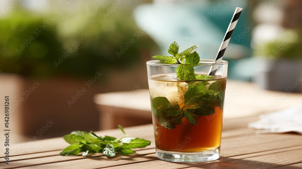 Now is the perfect moment to relax and enjoy a refreshing glass of iced tea adorned with fresh mint, set on a sunlit wooden patio table amid a tranquil garden Now is the perfect moment to relax and enjoy a refreshing glass of iced tea adorned with fresh mint, set on a sunlit wooden patio table amid a tranquil garden