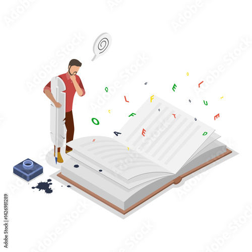 3D Isometric Flat Vector Illustration of Writers Or Poets , Literature as Hobby or Profession. Item 3