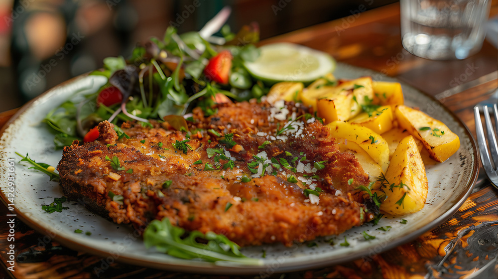 A well crisp German schnitzel garnish with herbs, tomato and Lemon A well crisp German schnitzel garnish with herbs, tomato and Lemon